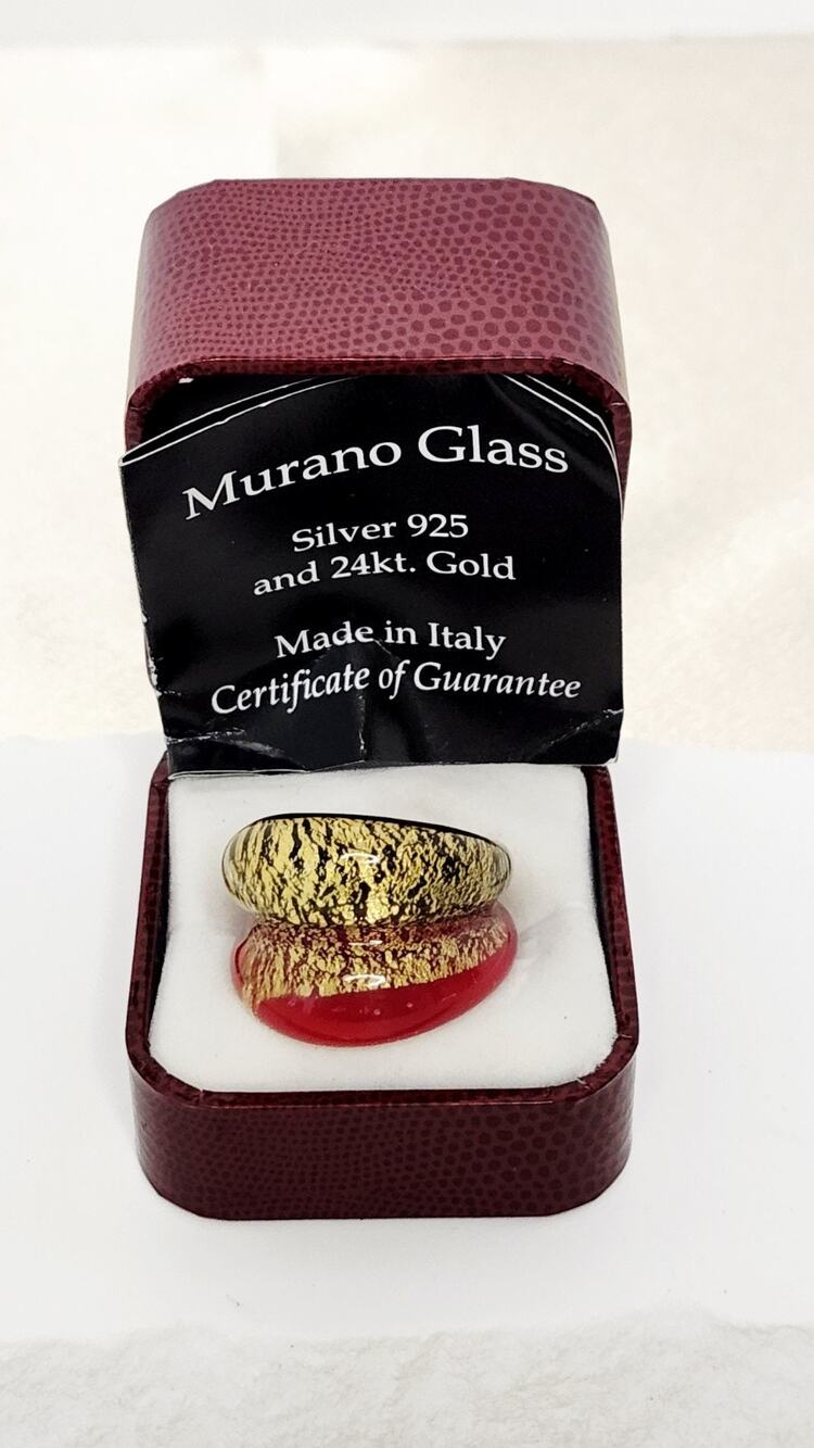 Murano Glass Ring With Aventurina Silver 925 & 24kt Gold Size 8 Boxed